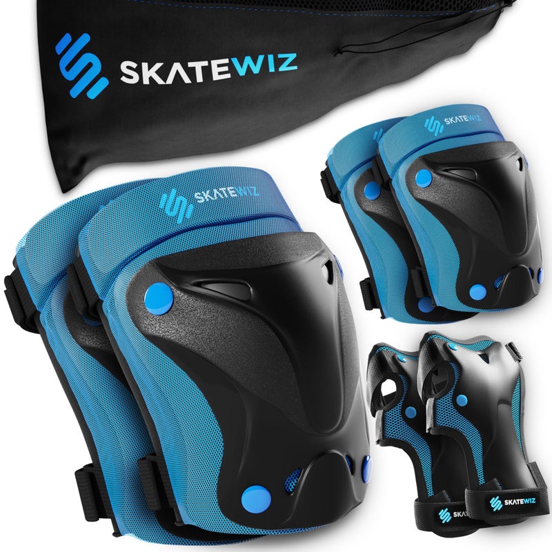 SKATEWIZ وسادات ركبة سكايتويز للأطفال - مجموعة وسادات للركبة والمرفقين - PROTECT-1 - الحجم M أزرق - واقيات المعصم معدات الحماية للتزلج، لوح التزلج، التزلج على العجلات، التزلج على الجليد للأطفال - Image 1